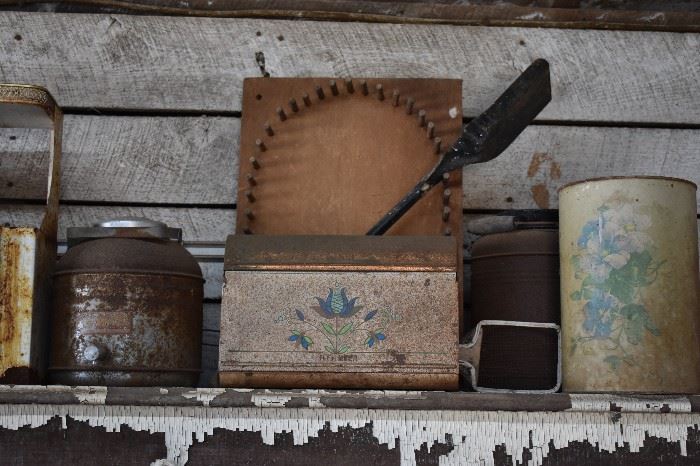 More Primitive Items including Metal Canisters and Boxes