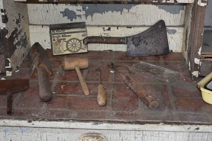 Primitive Wooden Items plus Antique Butchers Cleaver ( very Heavy! in Beautiful Condition! )