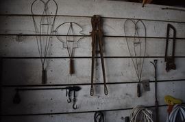 Antique Rug Beaters of Various Sizes and an Antique pair of Bolt Cutters with "HGB" ( the manufacturer's initials out of Boston, Mass. ) pierced into the Ends of the Handles. Lettering is very Clear on all parts. 