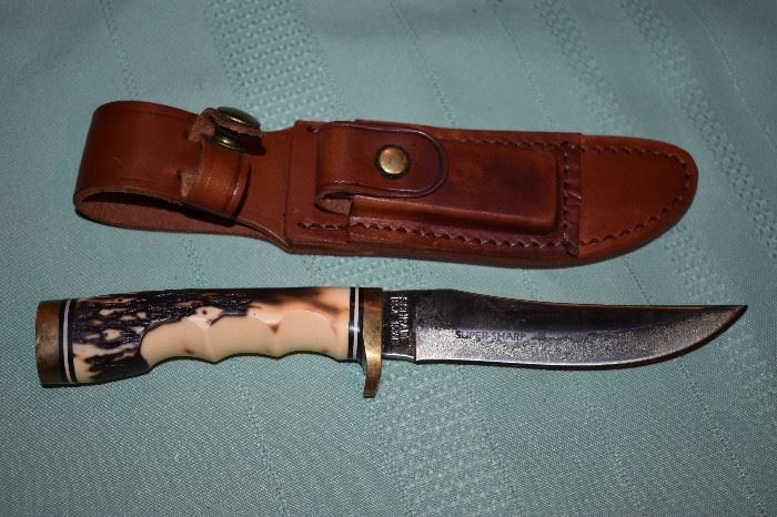 1980s SCHRADE USA 153UH Hunting Knife & Case & Stone VINTAGE AMERICAN BOWIE K523