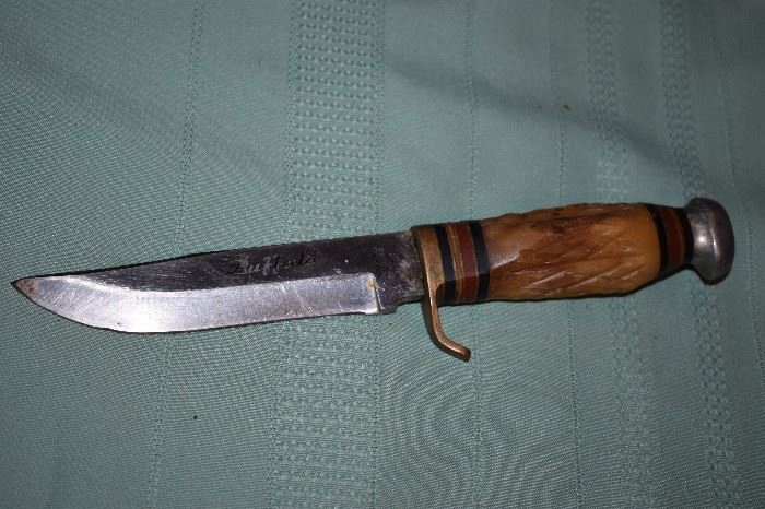 Vintage VALOR J-430 HI- Stainless Japan 10 1/4" Buffalo stag knife in L sheath. Magnificent Handle!
