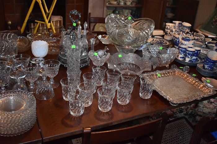 Gorgeous Set of Antique Dinner Glassware including Bowls, Vases, Stemware, Plates, Cups & Saucers and more!!!