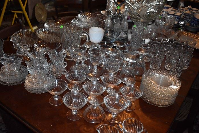 Gorgeous Set of Antique Dinner Glassware including Bowls, Vases, Stemware, Plates, Cups & Saucers, Pitcher and more!!!