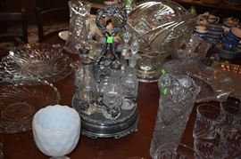 Beautiful Antique Victorian Cruet Set with Cut & Etched Glass also take note of the Ornate Handle with Figurine very Hard to Find!