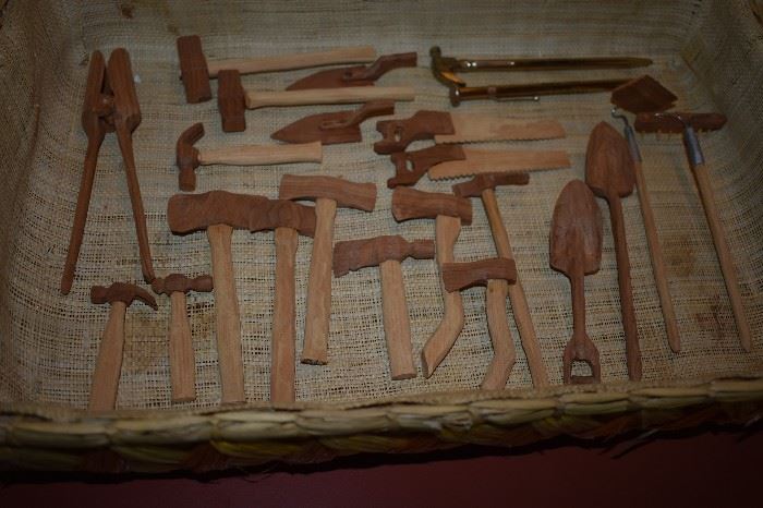 Meticulously Carved Wooden Miniature Tools. They are so intricately done! Carved with a Pocket Knife!!! These are a Must for Any Collector!!!