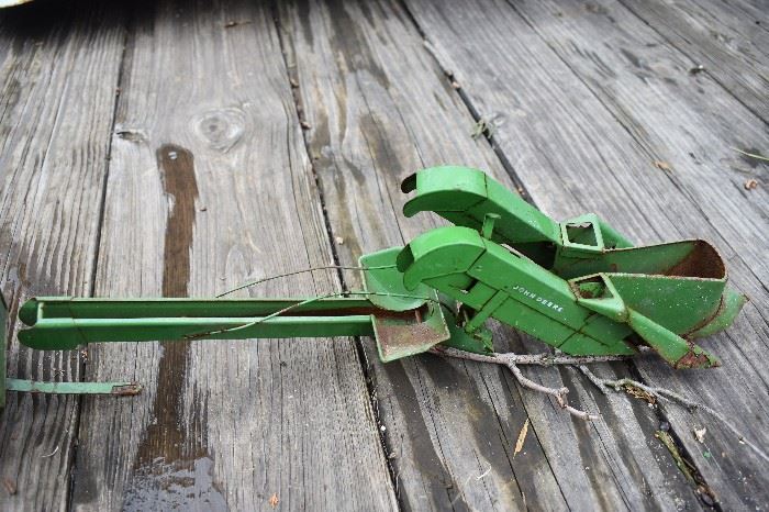 Vintage Metal John Deere Tractor with Attachments Also, pictured later very rare Ertl Caterpillar and Road Grader in original boxes