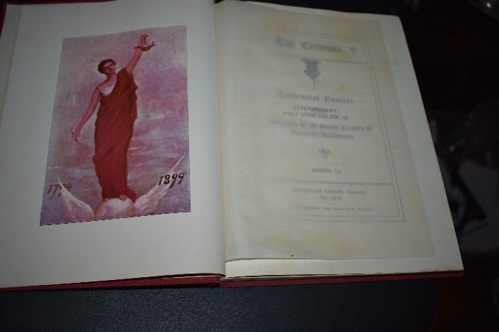 This is "The Crimson" Yearbook from the University of Kentucky dated 1899. It is in Beautiful Condition!!! I chose to put in a number of pictures of this Fascinating Book. I know there are many of you out there who are Undoubtedly related to or know of one or more of the people pictured here The pictures and drawings are Immaculate in Condition! I chose to picture the Faculty & Trustees along with each class Senior through Freshmen Liberal Arts College and the same School of Bible College. Enjoy!
