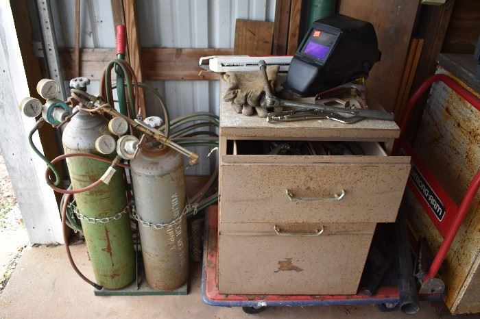 Complete Welding Set-Up complete with: Gauges/Tanks/Hoses/Helmet/Rods/Tools and Cabinet