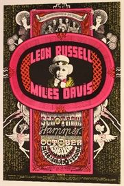 Leon Russell Miles Davis Fillmore West Concert Poster BG-252 First Printing (Bill Graham, 1970)
Artwork by Norman Orr
First Printing
From the October 15-18, 1970 shows at the Fillmore West featuring:
Leon Russell
Miles Davis
Sea Train
Hammer
Measurements: Approx. 14 1/32”  x  21 1/16”
Condition: Mint
This is a first printing of a poster advertising shows at the Fillmore West by renowned musician and songwriter, Leon Russell, who passed away in 2016, and acclaimed jazz trumpeter and innovator Miles Davis.  The artwork is by Norman Orr, an artist who created over twelve Fillmore concert posters for promoter Bill Graham.  This is an authentic piece of memorabilia from the heyday of the 1960’s counterculture, having belonged to a devoted music fan and collector based in Philadelphia. 