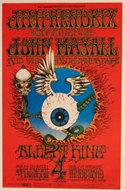 Jimi Hendrix Experience Fillmore/Winterland Concert Poster BG-105 1992 Unauthorized Pirated Edition
Artwork by Rick Griffin
Third printing bootleg from 1992
BG-105-PP-3
From the February 1 & 4, 1968 shows at the Fillmore Auditorium and the February 2 & 3, 1968 shows at the Winterland featuring:
 Jimi Hendrix Experience
John Mayall & the Blues Breakers
Albert King
Measurements: Approx. 14” x 21 10/16”
Condition: Very Fine; slight crease across upper left corner and slight 1” handling crease on top; lower right corner bump with very slight crease.
This is a copy of one of the most famous posters from the heyday of the 1960’s rock ‘n roll scene, having belonged to a devoted music fan and collector based in Philadelphia.  Featuring the iconic image of the “Flying Eyeball” by legendary artist Rick Griffin and advertising performances by the amazing Jimi Hendrix Experience, John Mayall and the Bluesbreakers, and Albert King, this poster can be found in Paul D. Grushkin’s seminal resource The