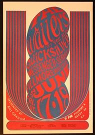 The Wailers Quicksilver Messenger Service Fillmore Auditorium Concert Poster BG-11 Second Printing (Bill Graham, 1966)
Artwork by Wes Wilson
2nd printing
BG-11-RP-2
From the June 17 & 18, 1966 shows featuring:
Quicksilver Messenger Service
The Wailers
Measurements:  Approx. 13 13/16” x  20 3/16”
Condition: Excellent, slight, soft crease across lower right quarter 
Often referred to as the father of psychedelic rock and roll concert posters, Wes Wilson created this one, as well as many others, for Bill Graham and his Fillmore concerts as well as for The Family Dog shows, having created the promotion company's logo.  He is a legendary figure in the art and music world whose work can be found in Paul D. Grushkin's seminal book The Art of Rock.  This particular poster is a 2nd printing advertising the performances of The Wailers, a Tacoma band also known as The Fabulous Wailers, and Fillmore regulars Quicksilver Messenger Service.
This is an authentic piece of memorabilia from the heyday o