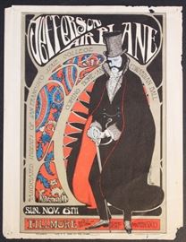 Jefferson Airplane Demon Lover Handbill for San Francisco State College's Edwardian Ball 
Original First Printing
Artists:  Stanley Mouse & Alton Kelley
Printed by The Bindweed Press San Francisco
Size: 8.5" x 11"
Condition: Fair, used condition.  Pushpin holes and paper loss on all four corners and on the top, right and bottom edges.  1/2” hole in upper right area.  2” tear in upper left corner resulting in a small scratch above the ‘J’ in Jefferson.  Yellow tape residue on reverse.  Handling bends on surface. 
Rare handbill advertising San Francisco State College’s Edwardian Ball featuring psychedelic rockers Jefferson Airplane and the band Demon Lover at the Fillmore Auditorium on November 6, 1966.  The artwork is an early collaboration between legendary concert poster artists Stanley Mouse and Alton Kelley.  This flyer’s design is featured in Paul D. Grushkin’s seminal book The Art of Rock.  
This is an authentic piece of memorabilia from the heyday of the 1960’s counterculture, ha