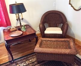 Wicker chair and wicker end table.  Wood side table, Brass decorative plate, Royal Doulton 'Grace' figure, Gold-trim mirror