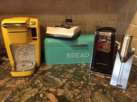 Keurig Coffee Maker, Hamilton Beach Can Opener, Teal Bread Box, Aerolatte Milk Frother