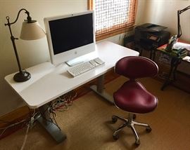 Steelcase adjustable height table, Mid-Century style swivel chair, iMac Desktop Computer, HP Office Jet Pro 8600 Plus Printer/Scanner/Copier/Fax.