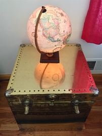 World globe lamp, gold storage trunk