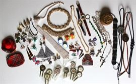 Vintage costume jewelry, vintage earrings from the 1980's, vintage collectibles including New York City subway badge, various commemorative U.S. Open golf ball markers and divot tools, vintage Fossil watch, rosary beads from Lourdes.
