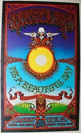 Rick Griffin’s poster for The Grateful Dead’s ill-fated shows at the Honolulu International Center’s Exhibit Hall during their Aoxomoxoa tour in July of 1969 is one of the most sought-after pieces of rock and roll memorabilia as, ultimately, those shows were cancelled.  Also to have been performing at those shows was the band, It’s a Beautiful Day.  Rick Griffin was one of the legendary artists of the psychedelic era, having created iconic imagery for promoters The Family Dog and Bill Graham.  He was also known for his work with Surfer magazine and the underground Zap Comix.  The Grateful Dead, one of the most famous live acts in all of rock and roll, 
It is believed this is a 2nd printing of the poster, authorized in 1982 by Rick Griffin and Jose Kent.  An original first printing of this was auctioned for $16,250 by Heritage Auctions in 2015.  This poster is featured in the seminal resource, The Art of Rock by Paul D. Grushkin.  This is an authentic piece of memorabilia from the heyda