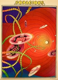 This poster, from 1973, Robert Fried created for the short-lived rock group Bodacious DF, a band founded by former Jefferson Airplane member Marty Balin which also included members of Quicksilver Messenger Service and Country Joe & The Fish.  Fried was responsible for the album cover art for the group’s only release, 1973’s self-titled Bodacious DF.  His poster for the band is an example of the artist’s brightly colored, graphically-abstract creations for which he was famous.  Fried, a trained commercial artist, is well known for his iconic imagery from psychedelic posters and handbills of the 1960s and 1970s.  From 1967 through 1970, Fried produced at least eighteen rock concert posters for promoters The Family Dog and Bill Graham Productions, among others. 
This is an authentic piece of memorabilia from the heyday of the 1970’s counterculture, having belonged to a devoted music fan and collector based in Philadelphia.   