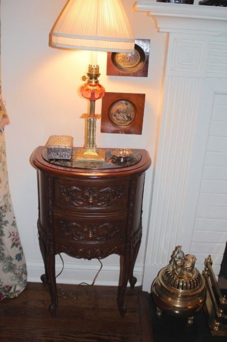 Demi-Lune Chest with Art, Table Lamp and other Decorative Items