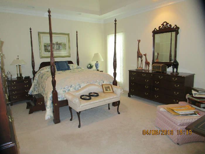 Master Bedroom with  Queen Rice carved Queen Bed, Dresser, End tables, Chest,  TV, lots of accessories.. Chair/ottoman,  Chaise Lounge, etc...    