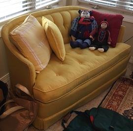 1 OF 2 SMALL YELLOW FABRIC LOVE SEAT SOFAS
