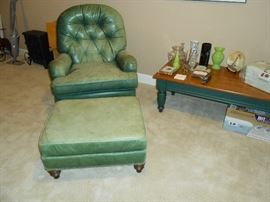 Leather tufted back chair and ottoman