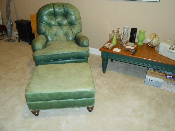 Leather tufted back chair and ottoman