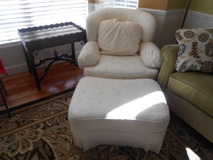 1 of 2 White on white crewel floral design on this very comfortable stuffed chair and ottoman