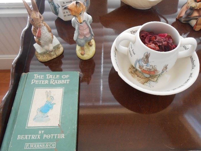Peter Rabbit figures, book, cup & saucer