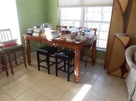Bar height wood table, stools