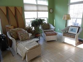 Vintage wicker chaise, 2 side chairs (1) ottoman - plants and stands