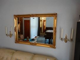 Lg gold framed beveled edge wall mirror & 2 brass ...