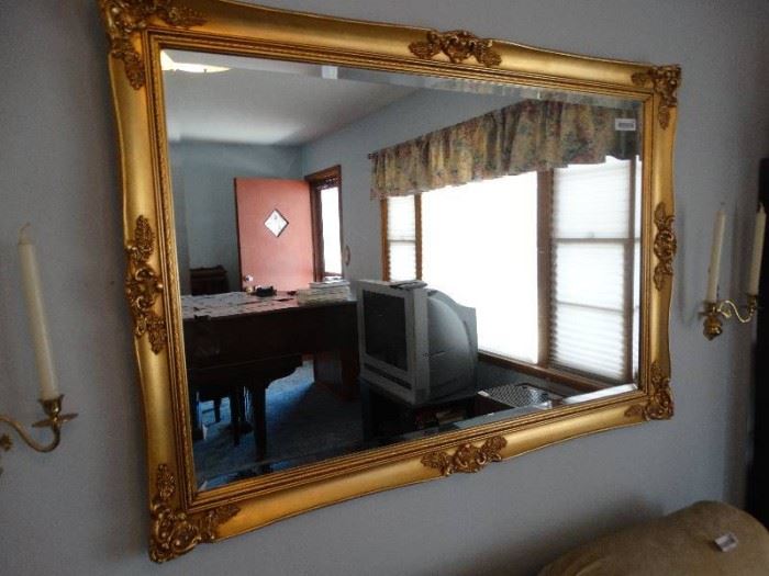 Lg gold framed beveled edge wall mirror & 2 brass ...