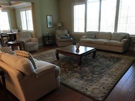 Sofas, coffee table. area rug  and lamps.