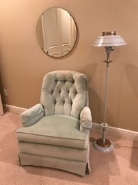 Velvet ladies chair and vintage floor lamp