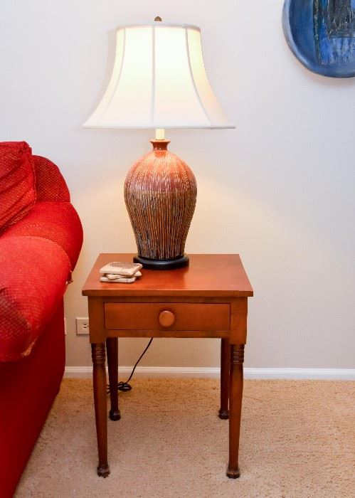 Vintage Wood End Table, Ceramic Table Lamp