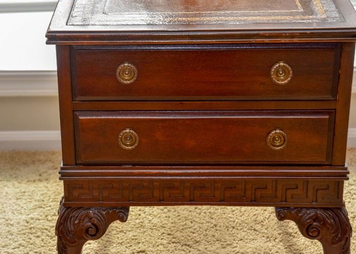 Vintage Mahogany End Table with Leather Top & 2 Drawers