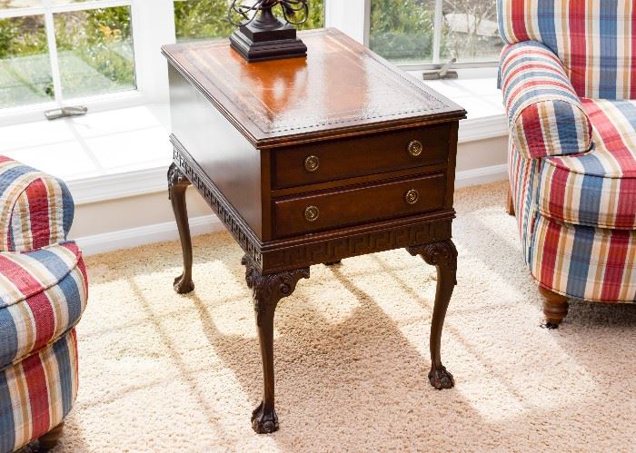 Vintage Mahogany End Table with Leather Top & 2 Drawers