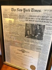 authenticated historic WWII era New York Times framed newspaper