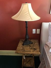 one of a pair of wonderful iron base and silk shade lamps originally $660 asking $300 for the pair end table also for sale