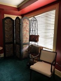 Screen, etagere and a pair of upholstery and wooden chairs for sale