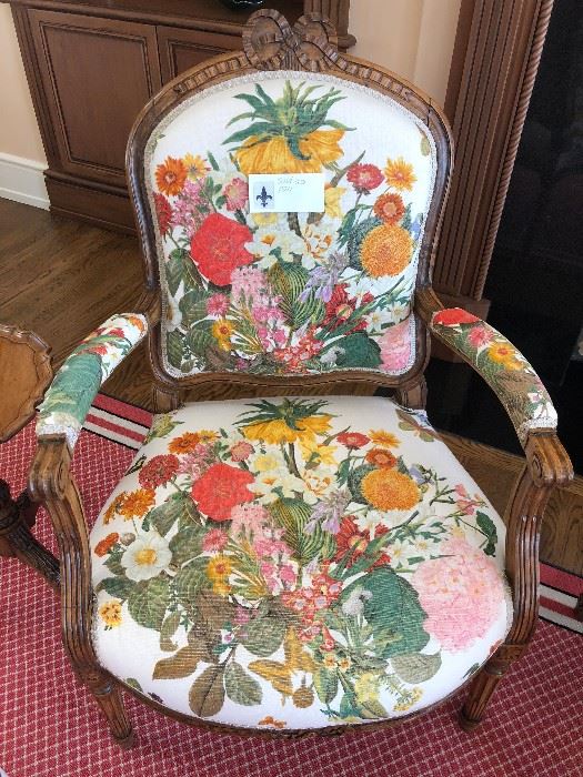 One of a pair of French Provincial antique chairs upholstered in gorgeous Zimmer & Rohde fabric.  Originally $5300 plus upholstery fabric asking $2600 for the pair