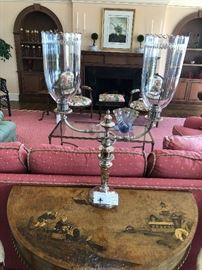 Sheffield silver plate candelabra with Waterford glass hurricanes ca. 1820 originally $2100 asking $900
