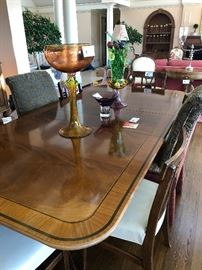 Wonderful Baker double pedestal table with ribbon inlay originally $4800 asking $980 has three leaves that are 19" wide table alone is 47"w x 29.25 h x 76"l  six dining chairs one that is a carver asking $300