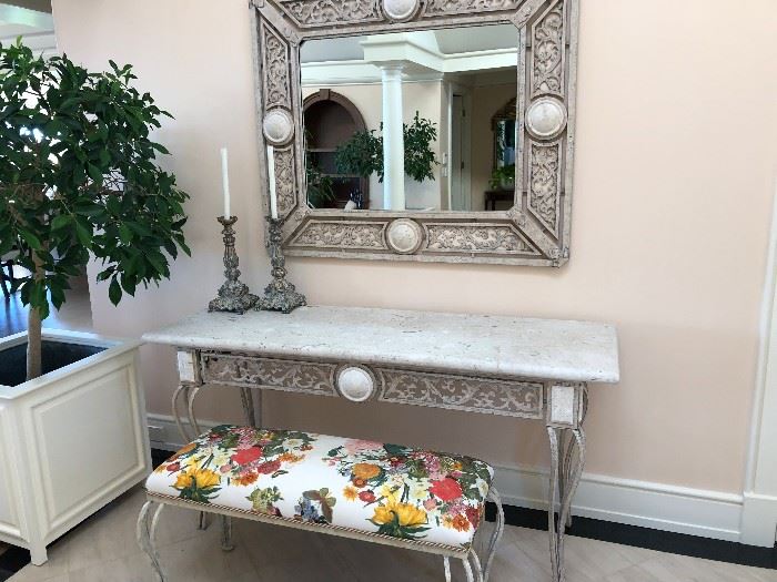 entry stone and iron table with coordinating mirror and bench.  Console measures 66.5"l x 22.5"d x 32.5"h asking $380 Mirrors is 1.5"deep, 51" x 43" asking $260