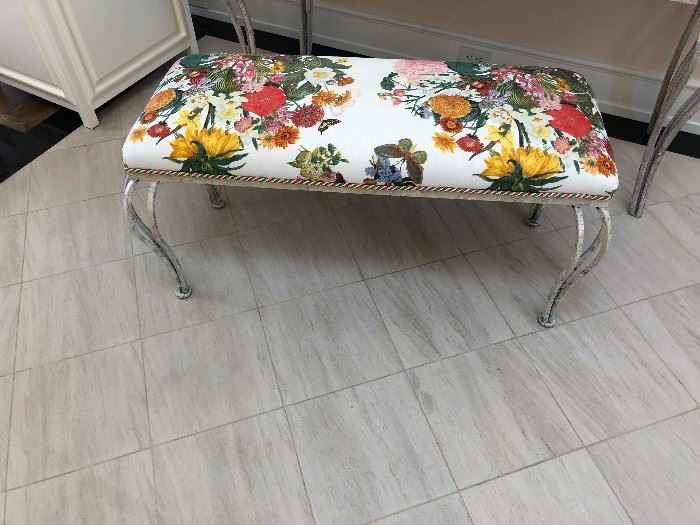 wonderful iron upholstered bench - Zimmer & Rohde fabric asking $200 measures 40.5"w x 16"d x 21"h.
