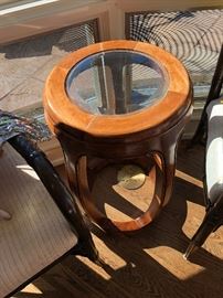 close up of the pair of wonderful round accent tables that measure 16" diameter x 26.5" high asking $300
