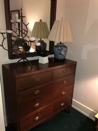 Antique chest of drawers sold Mirror is 32" x 37" asking $180 lamp and candelabra also for sale.  Porcelain lamp Is $290