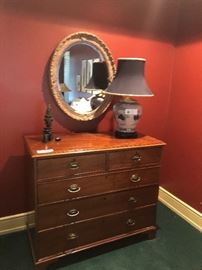 Antique chest  asking $400  wonderful mahogany measures 45.5 "w x 21.5"d x 39.5"high  Oval mirror is 32" x 26" asking $210 